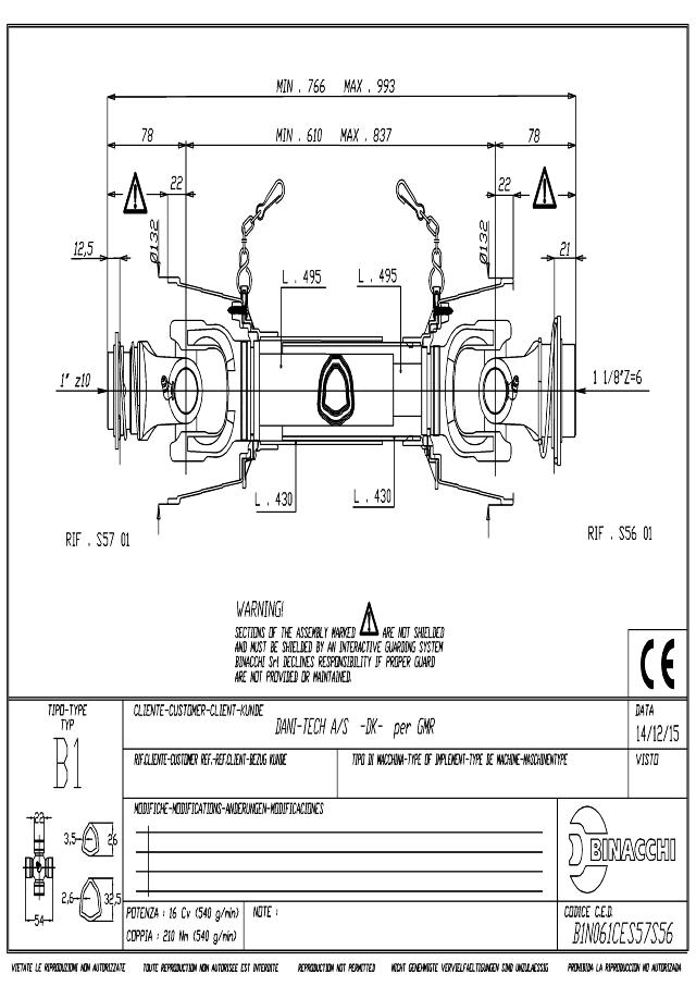 B1 Standard PTO Aksel 610mm - 1 Z10 Gaffel med kuglelås x 1 1/8 Z6 Gaffel med kuglelås