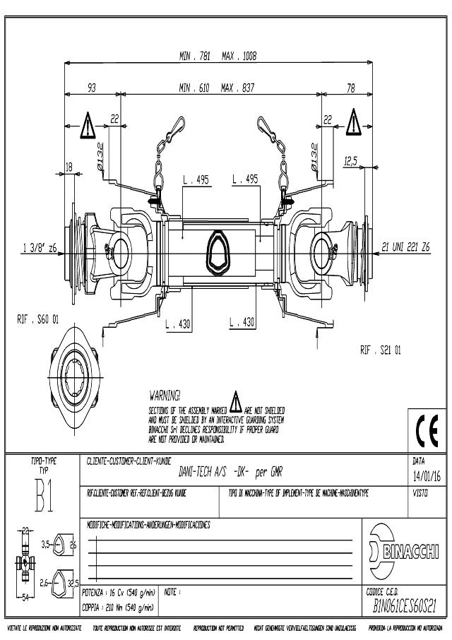 B1 Standard PTO Aksel 610mm - 1 3/8 Z6 Gaffel med kuglelås x 21 UNI 221 Z6 Gaffel med kuglelås