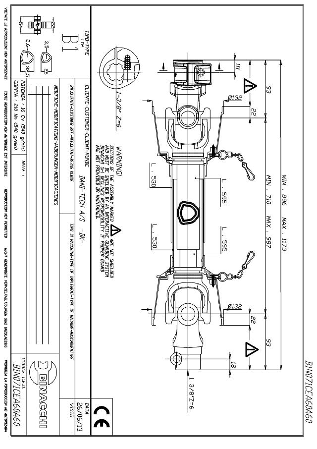 B1 Standard PTO Aksel 710mm - 1 3/8 Z6 Gaffel med snaplås x 1 3/8 Z6 Gaffel med snaplås