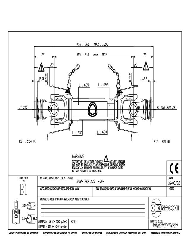 B1 Standard PTO Aksel 810mm - 1 Z15 Gaffel med kuglelås x 21 UNI 221 Z6 Gaffel med kuglelås