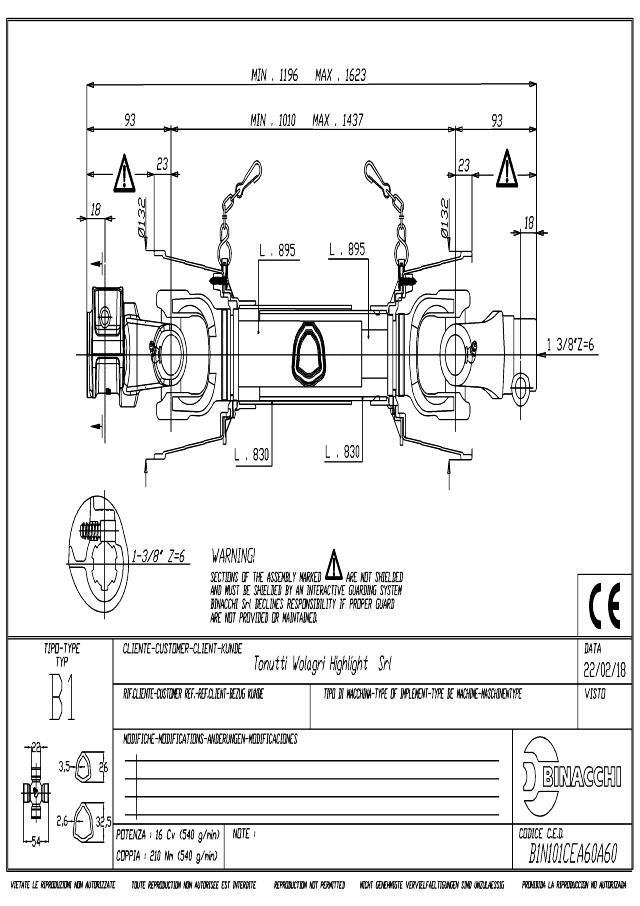 B1 Standard PTO Aksel 1010mm - 1 3/8 Z6 Gaffel med snaplås x 1 3/8 Z6 Gaffel med snaplås