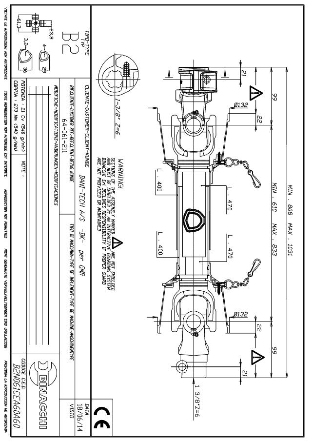 B2 Standard PTO Aksel 610mm - 1 3/8 Z6 Gaffel med snaplås x 1 3/8 Z6 Gaffel med snaplås