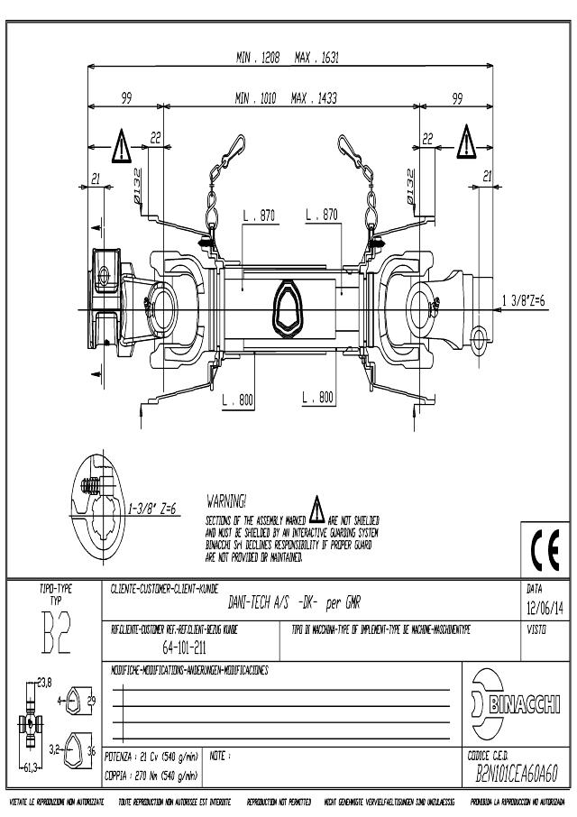 B2 Standard PTO Aksel 1010mm - 1 3/8 Z6 Gaffel med snaplås x 1 3/8 Z6 Gaffel med snaplås