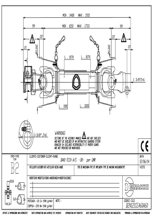 B2 Standard PTO Aksel 1210mm - 1 3/8 Z6 Gaffel med snaplås x 1 3/8 Z6 Gaffel med snaplås