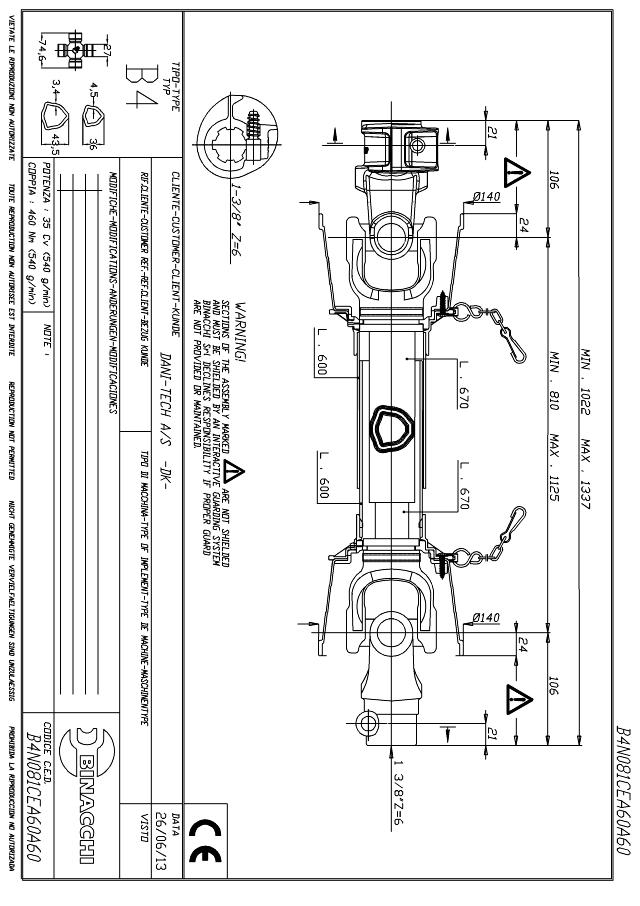 B4 Standard PTO Aksel 810mm - 1 3/8 Z6 Gaffel med snaplås x 1 3/8 Z6 Gaffel med snaplås