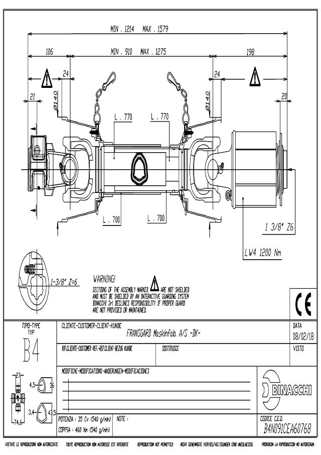 B4 Standard PTO Aksel 910mm - 1 3/8 Z6 Gaffel med snaplås x 1 3/8 Z6 LW4 - Palkobling (symetrisk) med kuglelås