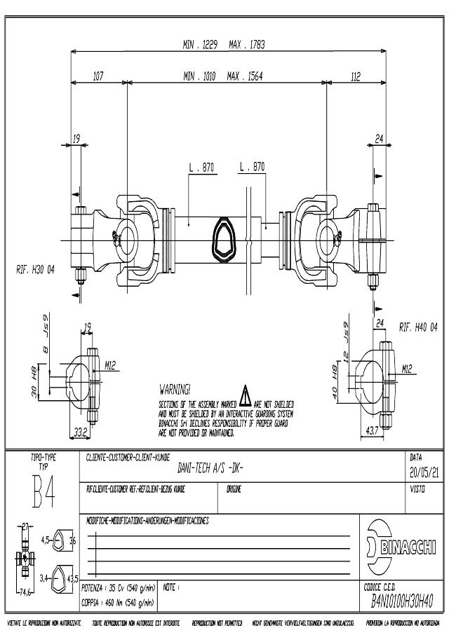 B4 Standard PTO Aksel 1010mm - Ø30 mm Gaffel med klembolt x Ø30 mm Gaffel med klembolt 