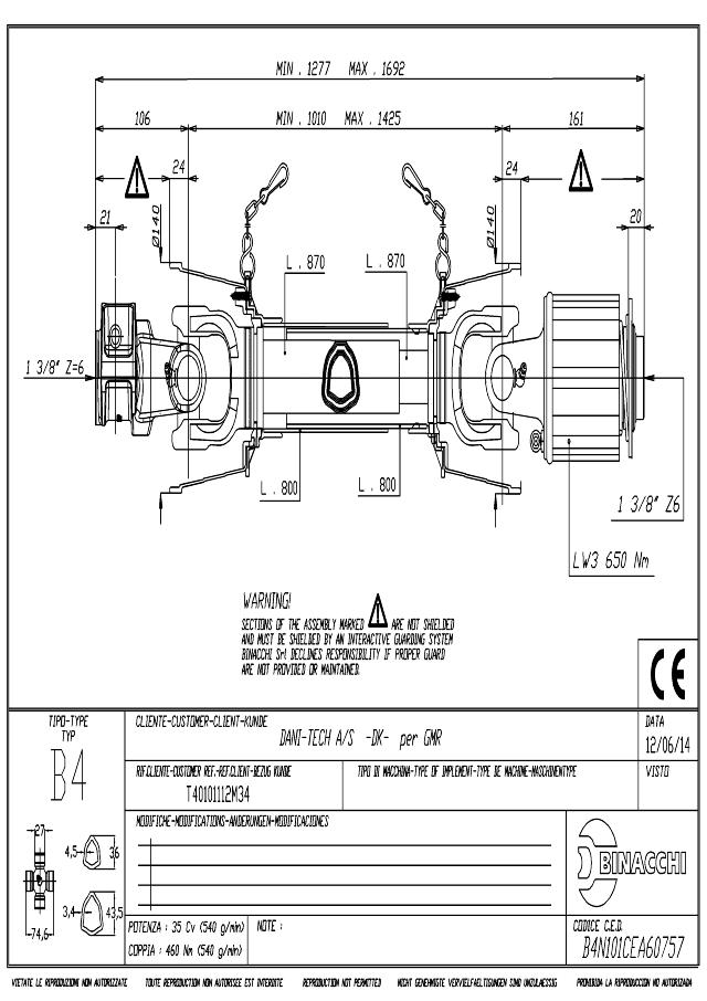 B4 Standard PTO Aksel 1010mm - 1 3/8 Z6 Gaffel med snaplås x 1 3/8 Z6 LW3 - Palkobling (symetrisk) med kuglelås