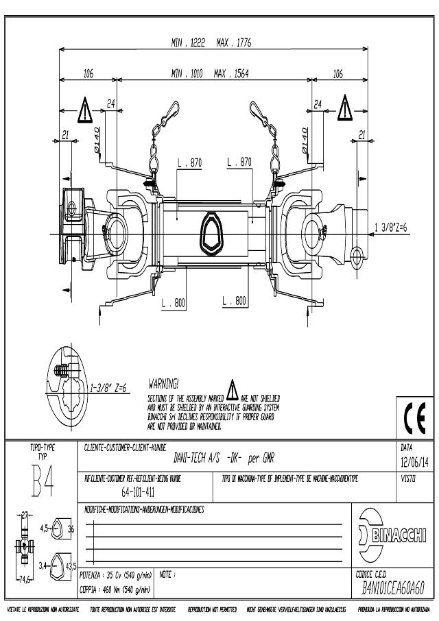 B4 Standard PTO Aksel 1010mm - 1 3/8 Z6 Gaffel med snaplås x 1 3/8 Z6 Gaffel med snaplås