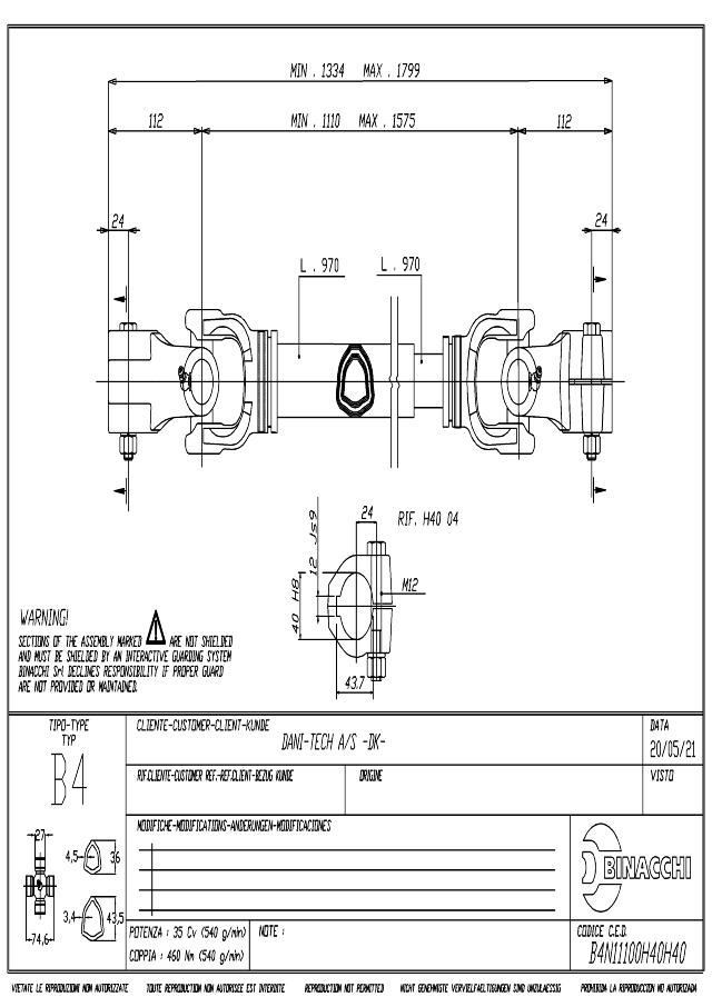 B4 Standard PTO Aksel 1110mm - Ø40 mm Gaffel med klembolt x Ø40 mm Gaffel med klembolt 