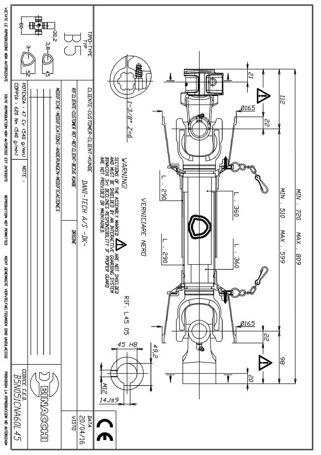 B5 Standard PTO Aksel 510mm - 1 3/8 Z6 Gaffel med snaplås x Ø45 mm Gaffel med notgang