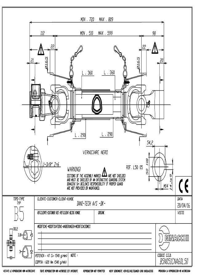 B5 Standard PTO Aksel 510mm - 1 3/8 Z6 Gaffel med snaplås x Ø50 mm Gaffel med notgang