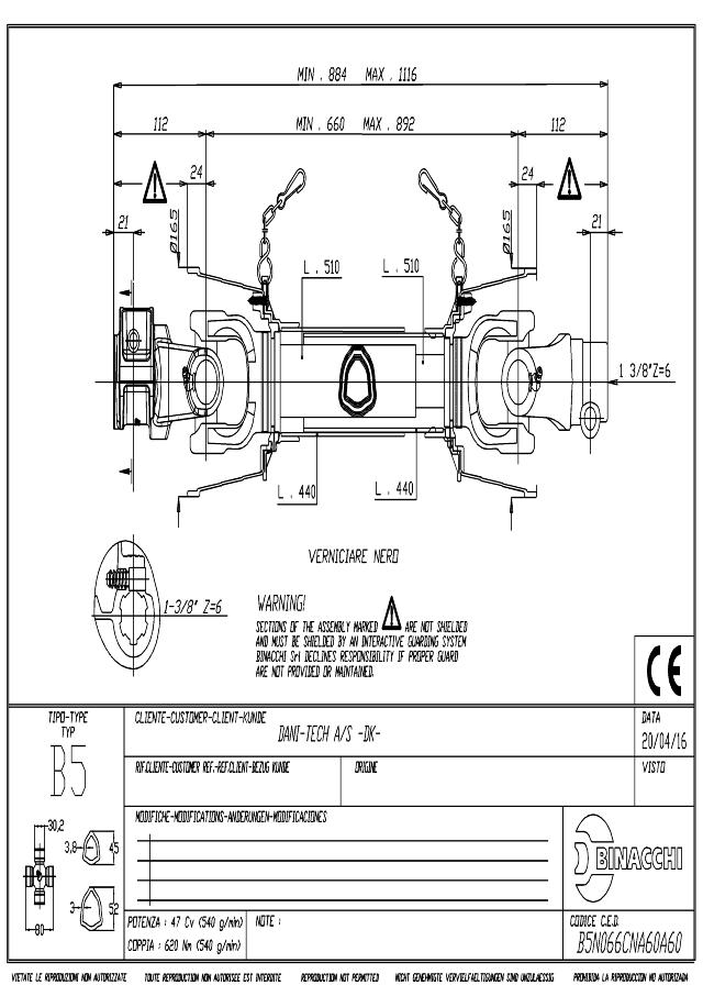 B5 Standard PTO Aksel 660mm - 1 3/8 Z6 Gaffel med snaplås x 1 3/8 Z6 Gaffel med snaplås