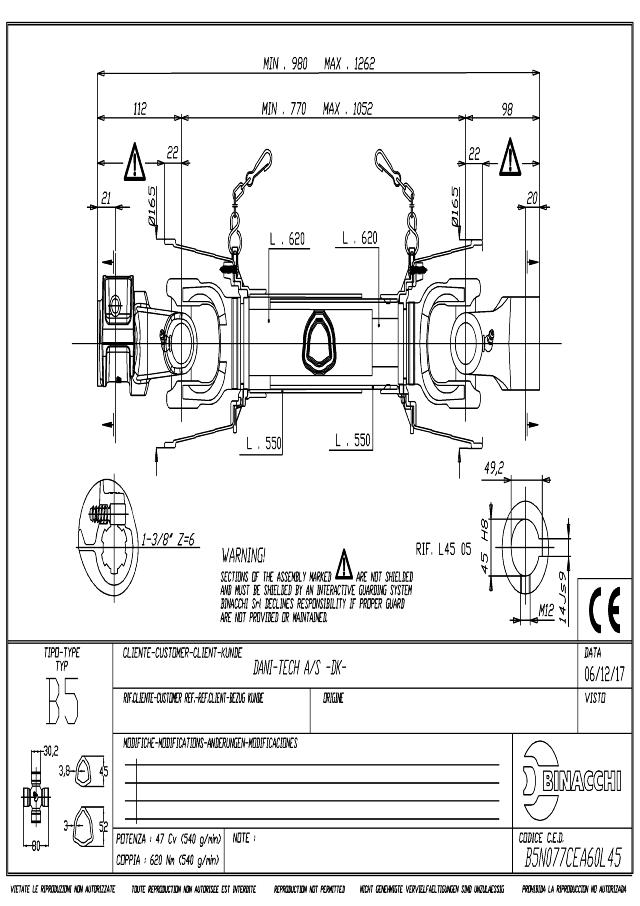 B5 Standard PTO Aksel 770mm - 1 3/8 Z6 Gaffel med snaplås x Ø45 mm Gaffel med notgang