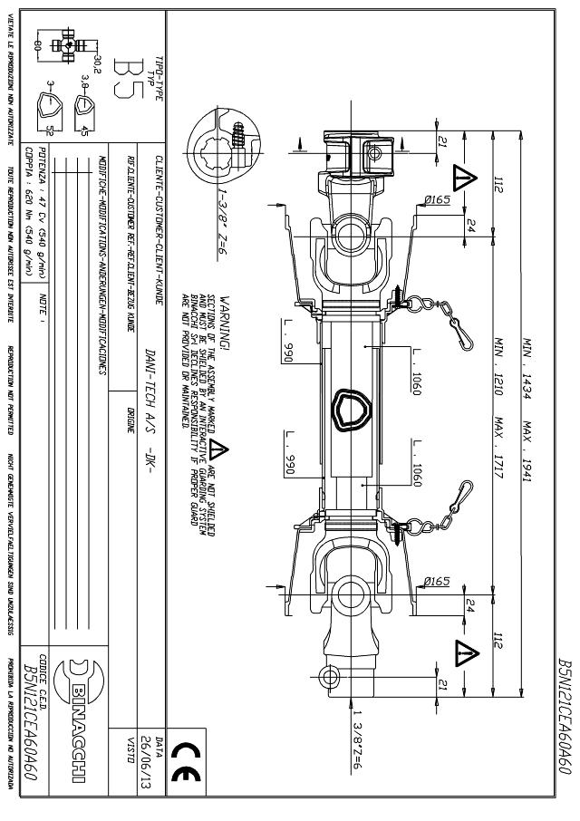 B5 Standard PTO Aksel 1210mm - 1 3/8 Z6 Gaffel med snaplås x 1 3/8 Z6 Gaffel med snaplås