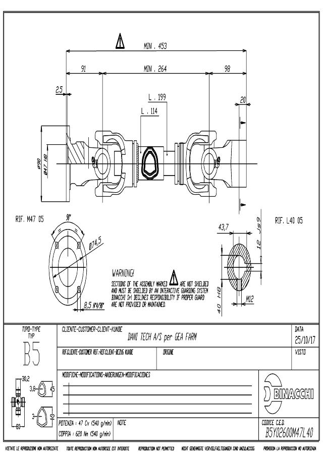 B5 Standard PTO Aksel 264mm - Ø74,5 mm Gaffel med flange (4x bolte) x Ø40 mm Gaffel med notgang