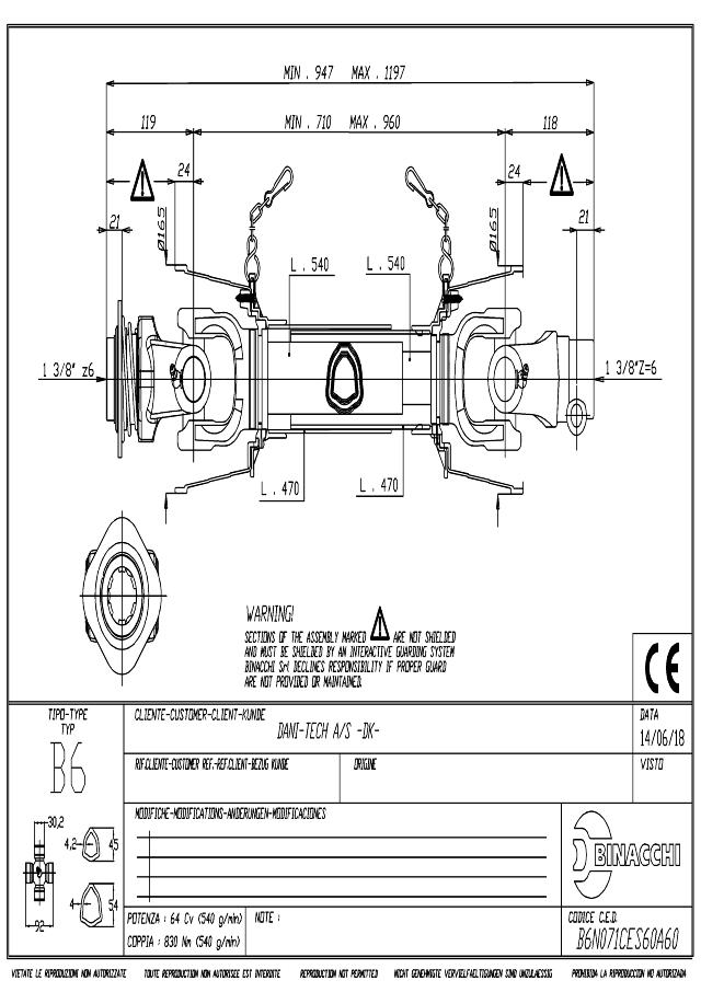 B6 Standard PTO Aksel 710mm - 1 3/8 Z6 Gaffel med kuglelås x 1 3/8 Z6 Gaffel med snaplås