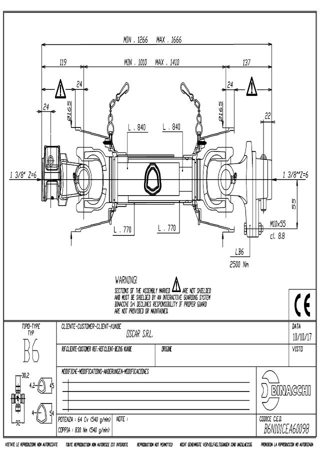 B6 Standard PTO Aksel 1010mm - 1 3/8 Z6 Gaffel med snaplås x 1 3/8 Z6 LB6 - Boltekobling med kilebolt