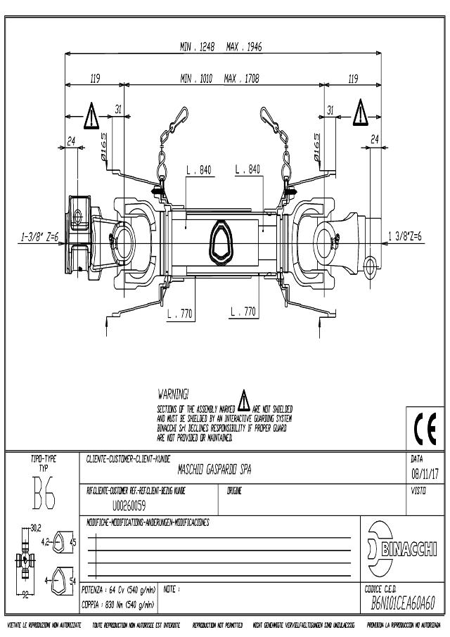 B6 Standard PTO Aksel 1010mm - 1 3/8 Z6 Gaffel med snaplås x 1 3/8 Z6 Gaffel med snaplås