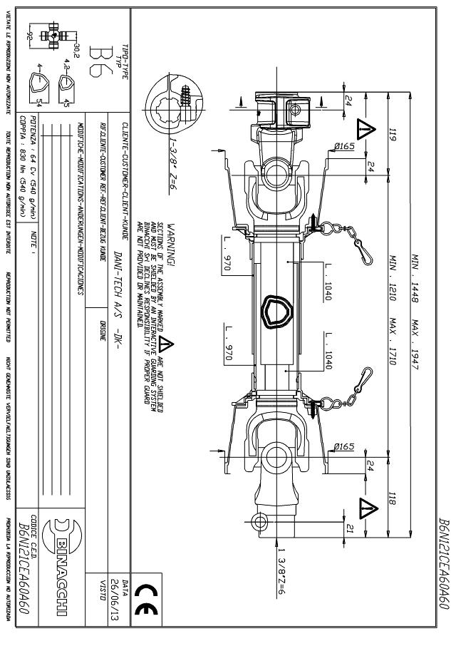 B6 Standard PTO Aksel 1210mm - 1 3/8 Z6 Gaffel med snaplås x 1 3/8 Z6 Gaffel med snaplås