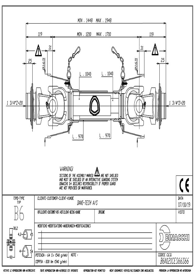 B6 Standard PTO Aksel 1210mm - 1 3/4 Z20 Gaffel med kuglelås x 1 3/4 Z20 Gaffel med kuglelås