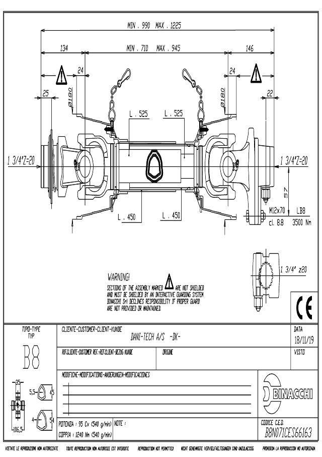 B8 Standard PTO Aksel 710mm - 1 3/4 Z20 Gaffel med kuglelås x 1 3/4 Z20 LB8 - Boltekobling med kilebolt