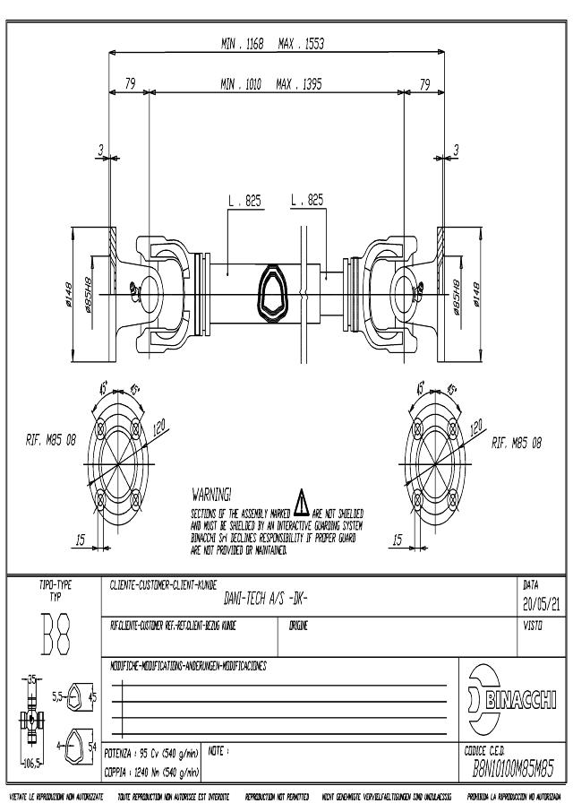 B8 Standard PTO Aksel 1010mm - Ø148 mm Gaffel med flange (4x bolte) x Ø148 mm Gaffel med flange (4x bolte)