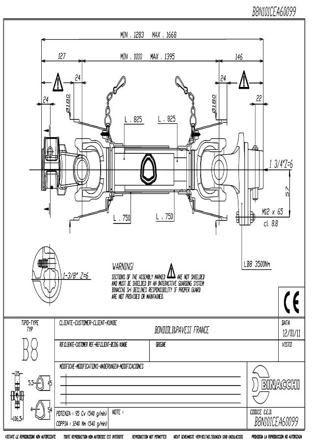 B8 Standard PTO Aksel 1010mm - 1 3/8 Z6 Gaffel med snaplås x 1 3/4 Z6 LB8 - Boltekobling med kilebolt