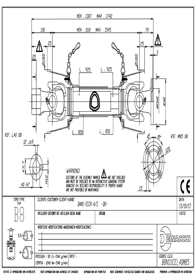 B8 Standard PTO Aksel 1110mm - Ø40 mm Gaffel med notgang x Ø148 mm Gaffel med flange (4x bolte)