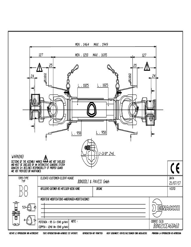 B8 Standard PTO Aksel 1210mm - 1 3/8 Z6 Gaffel med snaplås x 1 3/8 Z6 Gaffel med snaplås