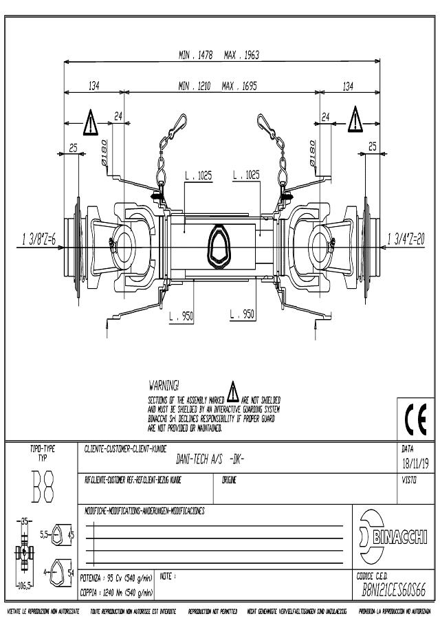 B8 Standard PTO Aksel 1210mm - 1 3/8 Z6 Gaffel med kuglelås x 1 3/4 Z20 Gaffel med kuglelås