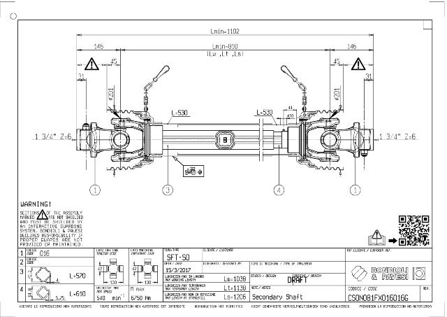 S0 Standard PTO Aksel 810mm - 1 3/4 Z6 Gaffel med kilebolt x 1 3/4 Z6 Gaffel med kilebolt