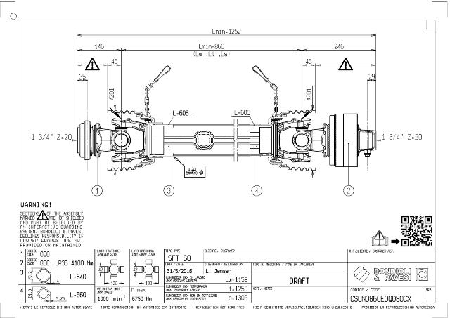 S0 Standard PTO Aksel 860mm - 1 3/4 Z20 Gaffel med automatisk kuglelås x 1 3/4 Z20 LR35 - Automatkobling med kilebolt