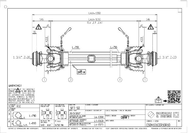 S0 Standard PTO Aksel 1010mm - 1 3/4 Z20 Gaffel med kuglelås x 1 3/4 Z20 Gaffel med kuglelås