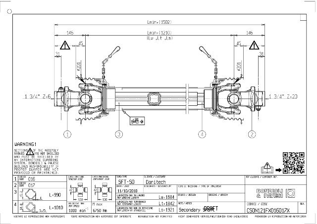 S0 Standard PTO Aksel 1210mm - 1 3/4 Z6 Gaffel med kilebolt x 1 3/4 Z20 Gaffel med kilebolt