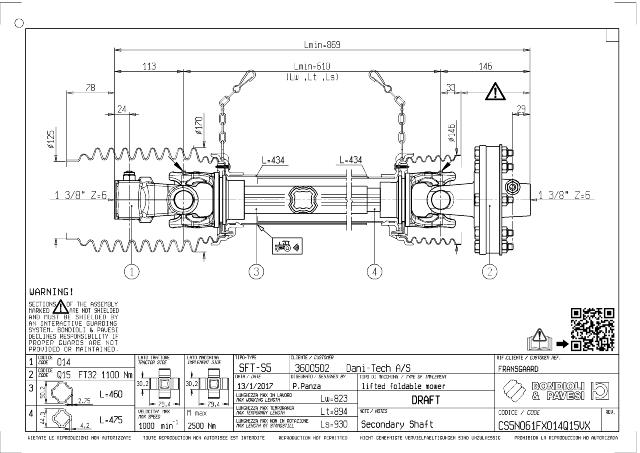 S5 Standard PTO Aksel 610mm - 1 3/8 Z6 Gaffel med kilebolt x 1 3/8 Z6 FT32 - Friktionskobling (ikke justerbar) med kilebolt