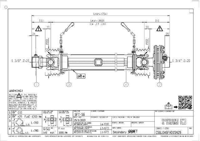 S6 Standard PTO Aksel 460mm - 1 3/8 Z21 Gaffel med kilebolt x 1 3/4 Z20 FV42 - Friktionskobling (justerbar) med kilebolt