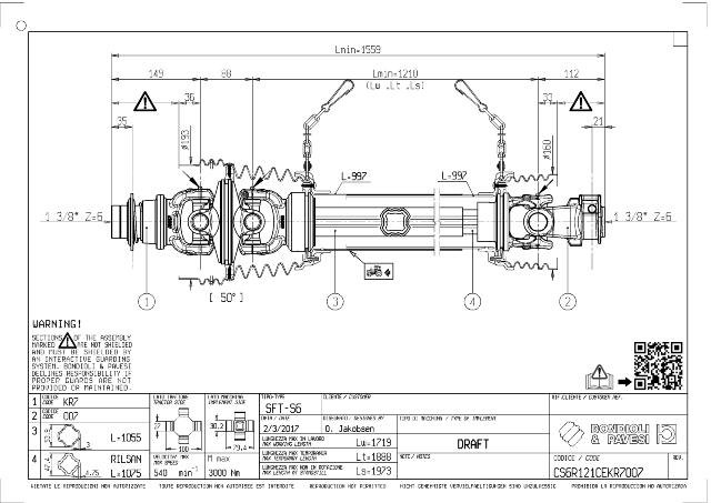 S6 50° Vidvinkel PTO Aksel 1210mm - 1 3/8 Z6 Gaffel med kuglelås x 1 3/8 Z6 Gaffel med snaplås