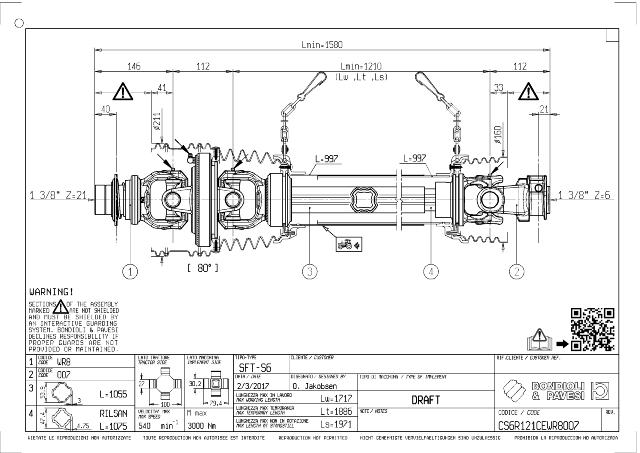 S6 80° Vidvinkel PTO Aksel 1210mm - 1 3/8 Z21 Gaffel med kuglelås x 1 3/8 Z6 Gaffel med snaplås