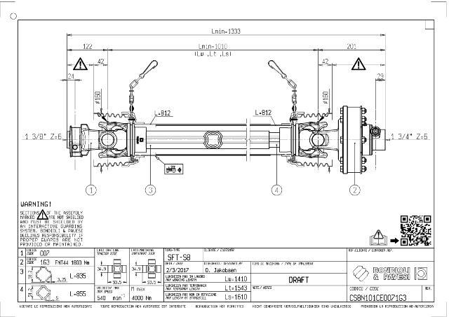 S8 Standard PTO Aksel 1010mm - 1 3/8 Z6 Gaffel med snaplås x 1 3/4 Z6 FNT44 - Friktionskobling med friløb (ikke justerbar) med kilebolt