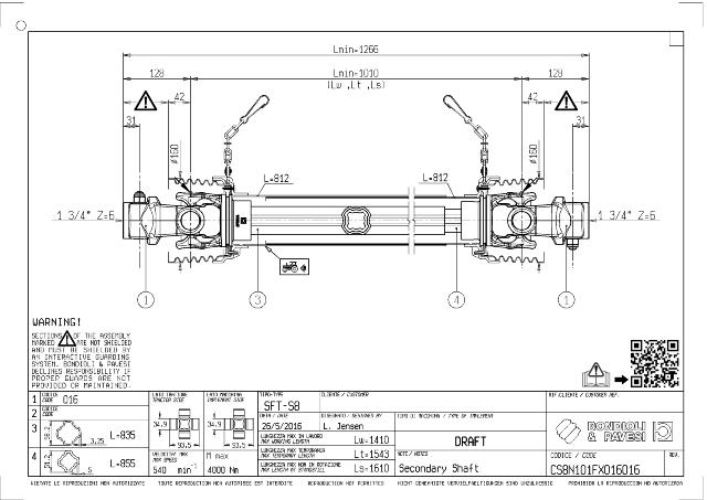 S8 Standard PTO Aksel 1010mm - 1 3/4 Z6 Gaffel med kilebolt x 1 3/4 Z6 Gaffel med kilebolt