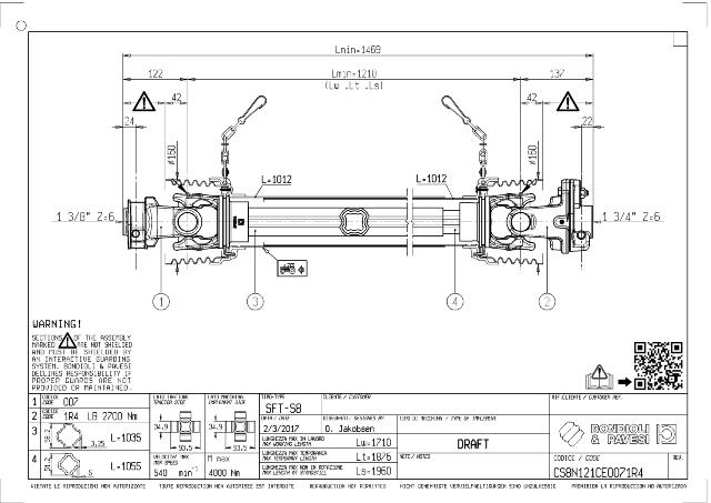 S8 Standard PTO Aksel 1210mm - 1 3/8 Z6 Gaffel med snaplås x 1 3/4 Z6 LB - Boltekobling med kilebolt