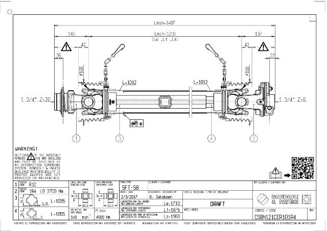 S8 Standard PTO Aksel 1210mm - 1 3/4 Z20 Gaffel med kuglelås x 1 3/4 Z6 LB - Boltekobling med kilebolt