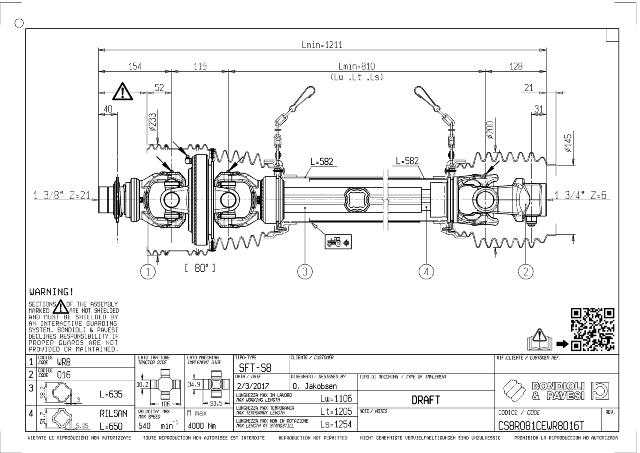 S8 80° Vidvinkel PTO Aksel 810mm - 1 3/8 Z21 Gaffel med kuglelås x 1 3/4 Z6 Gaffel med kilebolt