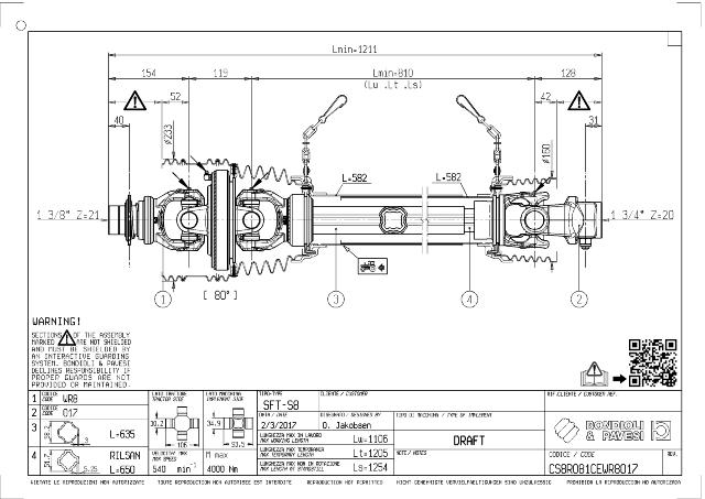 S8 80° Vidvinkel PTO Aksel 810mm - 1 3/8 Z21 Gaffel med kuglelås x 1 3/4 Z20 Gaffel med kilebolt