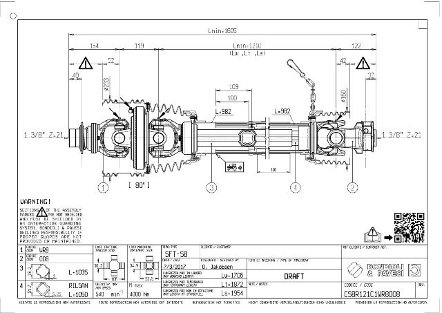 S8 80° Vidvinkel PTO Aksel 1210mm - 1 3/8 Z21 Gaffel med kuglelås x 1 3/8 Z21 Gaffel med snaplås