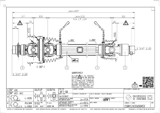 S8 80° Vidvinkel PTO Aksel 1210mm - 1 3/4 Z20 Gaffel med kuglelås x 1 3/4 Z20 RA2 DX - Friløbskobling (højre) med kilebolt