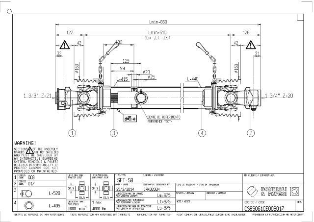 S8 Standard PTO Aksel 610mm - 1 3/8 Z21 Gaffel med snaplås x 1 3/4 Z20 Gaffel med kilebolt