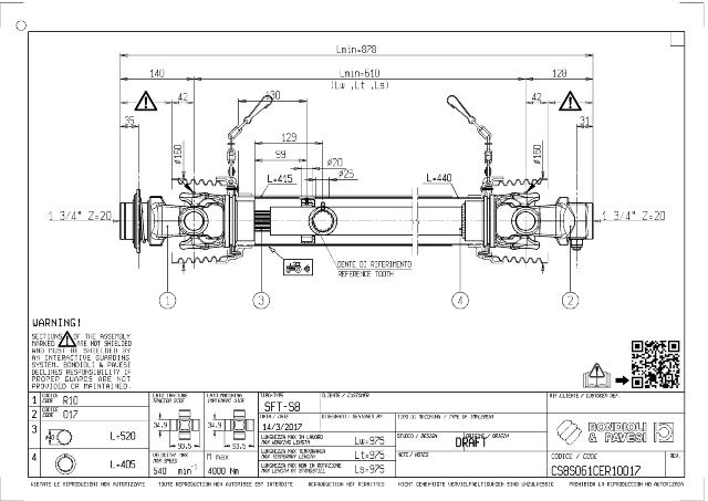 S8 Standard PTO Aksel 610mm - 1 3/4 Z20 Gaffel med kuglelås x 1 3/4 Z20 Gaffel med kilebolt