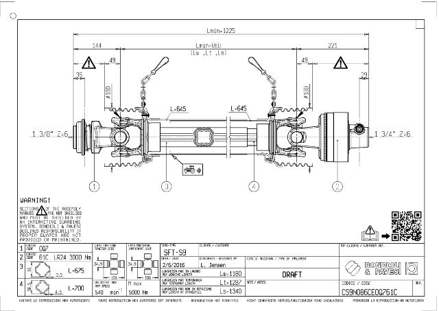 S9 Standard PTO Aksel 860mm - 1 3/8 Z6 Gaffel med automatisk kuglelås x 1 3/4 Z6 LR24 - Automatkobling med kilebolt